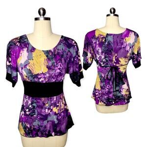 IZ Byer California Y2K Blouse Small Purple Black Yellow Floral Vintage Tie Waist